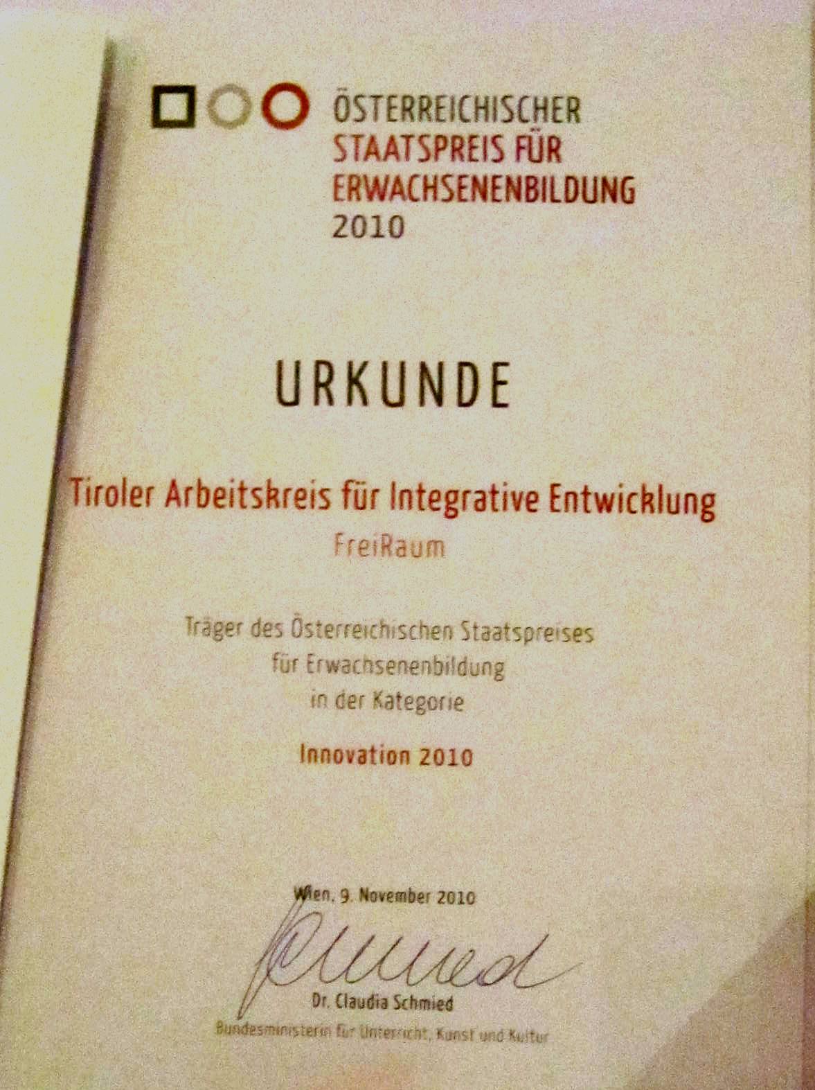 Urkunde Staatspreis für Erwachsenenbildung 2010 